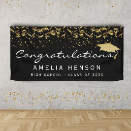 Elegant Gold Black Confetti Afstuderen partij Spandoek