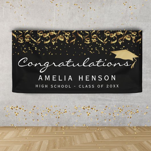 Elegant Gold Black Confetti Afstuderen partij Spandoek