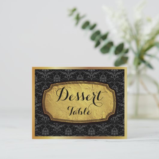 Elegant Gold Black Damask Dessert Table Sign Briefkaart (Staand voorkant)