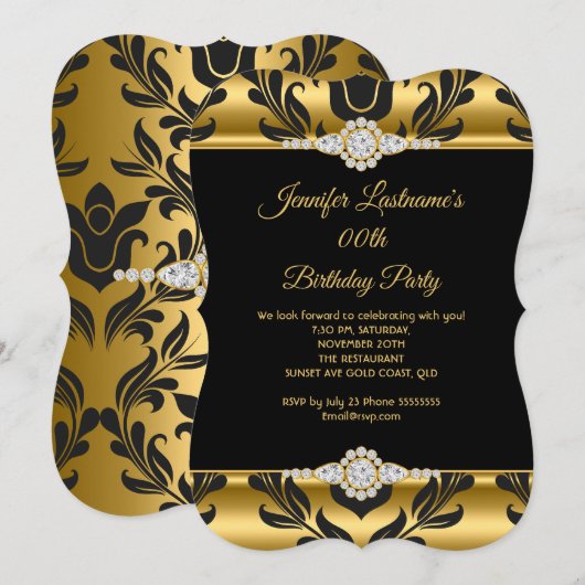 Elegant Gold Black Damask Diamond Birthday Party Kaart (Voorkant / Achterkant)