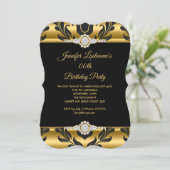 Elegant Gold Black Damask Diamond Birthday Party Kaart (Staand voorkant)