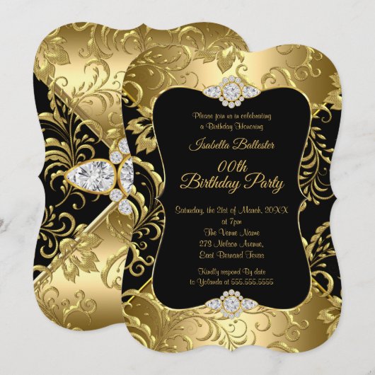 Elegant Gold Black Damask floral Birthday Party Kaart (Voorkant / Achterkant)
