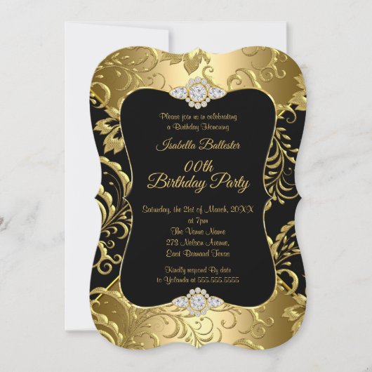 Elegant Gold Black Damask floral Birthday Party Kaart (Voorkant)