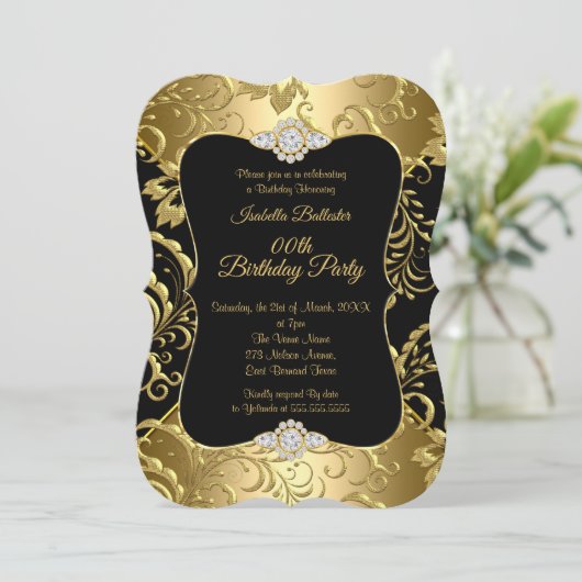 Elegant Gold Black Damask floral Birthday Party Kaart (Staand voorkant)