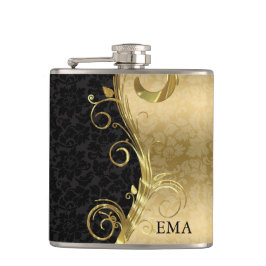 Elegant Gold Black Damask Heupfles