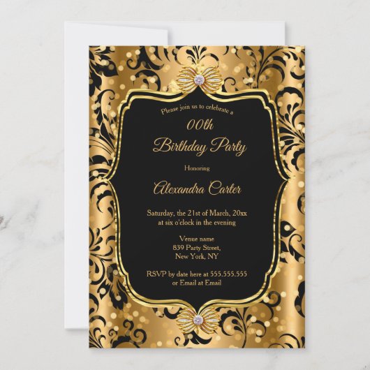 Elegant Gold Black Damask Jewel Bow Birthday Kaart (Voorkant)