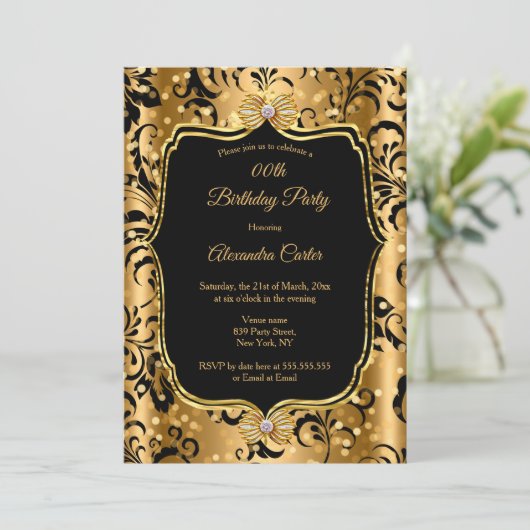 Elegant Gold Black Damask Jewel Bow Birthday Kaart (Staand voorkant)