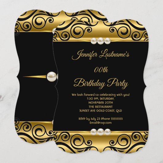 Elegant Gold Black Damask Pearl Birthday Party Kaart (Voorkant / Achterkant)