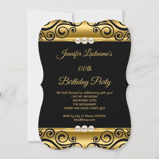 Elegant Gold Black Damask Pearl Birthday Party Kaart (Voorkant)