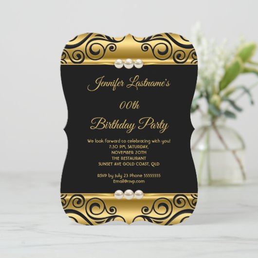 Elegant Gold Black Damask Pearl Birthday Party Kaart (Staand voorkant)