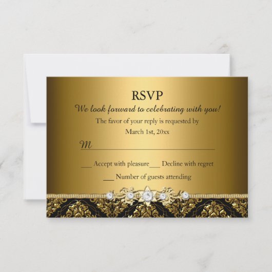 Elegant Gold & Black Damask RSVP (Voorkant)