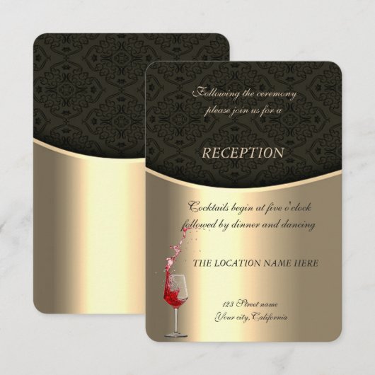 Elegant Gold, Black Damask Wedding Reception Kaart (Voorkant / Achterkant)