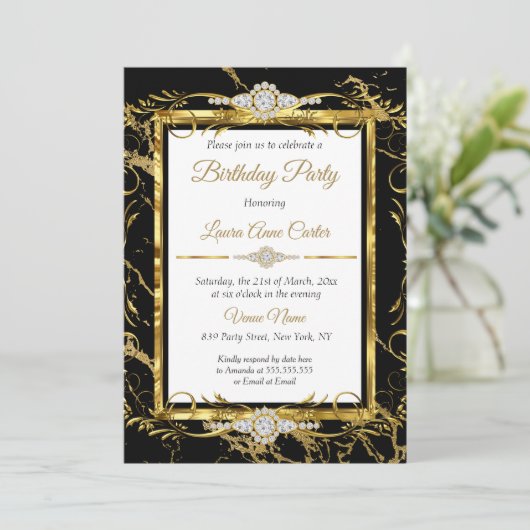 Elegant Gold Black Diamond Foto van Birthday Party Kaart (Staand voorkant)