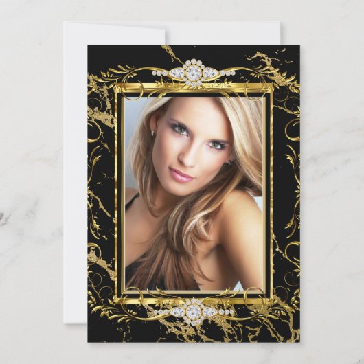 Elegant Gold Black Diamond Foto van Birthday Party Kaart (Achterkant)