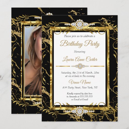 Elegant Gold Black Diamond Foto van Birthday Party Kaart (Voorkant / Achterkant)