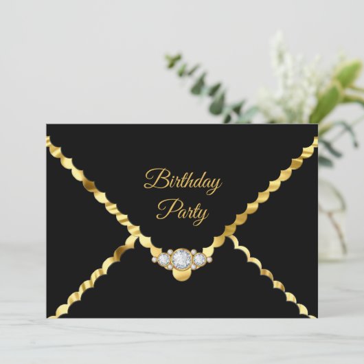 Elegant Gold Black Diamond gem Birthday Party Kaart (Staand voorkant)