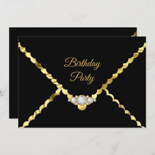 Elegant Gold Black Diamond gem Birthday Party Kaart (Voorkant / Achterkant)