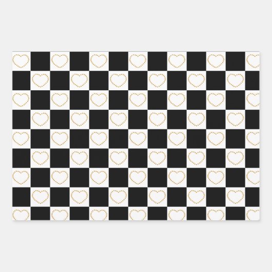 Elegant Gold, Black en White Hearts Pattern Inpakpapier Vel (Voorkant 3)