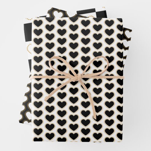 Elegant Gold, Black en White Hearts Pattern Inpakpapier Vel (In situ)