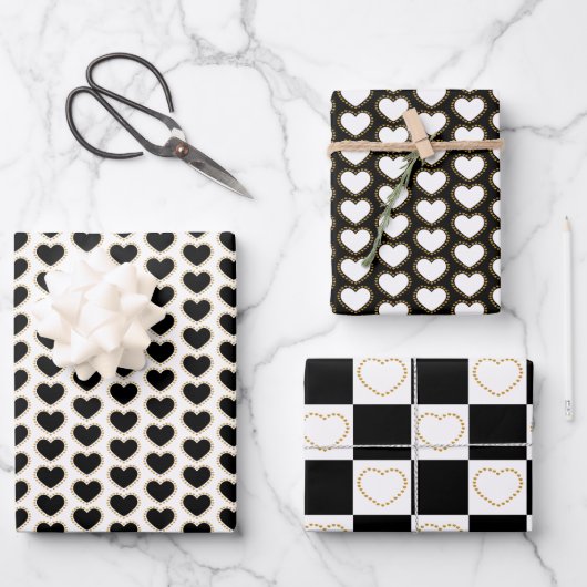 Elegant Gold, Black en White Hearts Pattern Inpakpapier Vel (Voorkant)