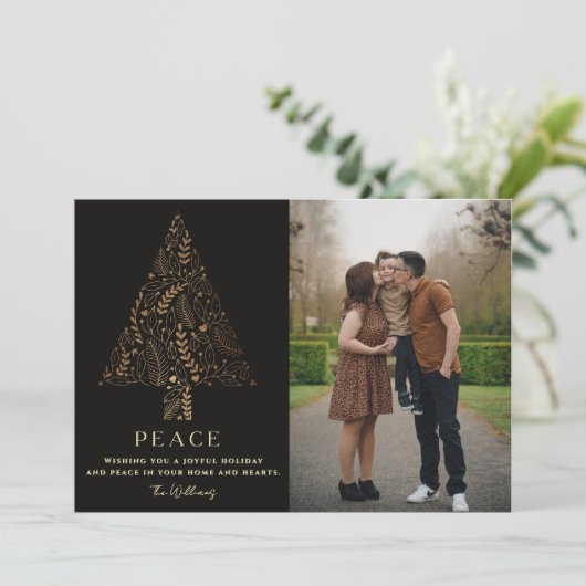 Elegant Gold & Black Family Tree Christmas Photo Feestdagenkaart (Staand voorkant)
