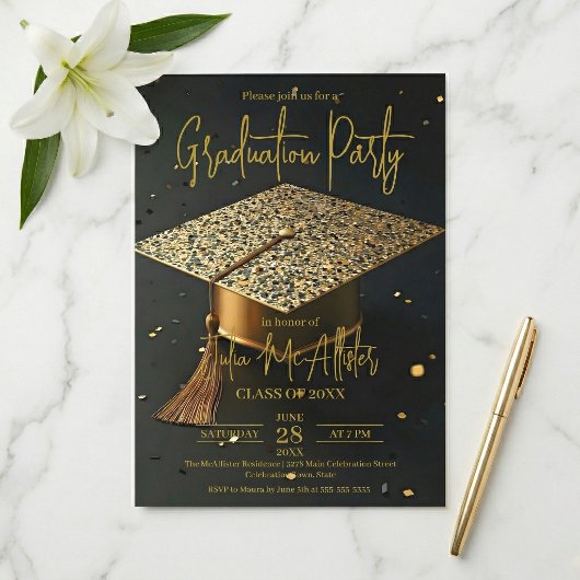 Elegant Gold Black Faux Glitter Cap Graduation Kaart