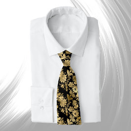 Elegant Gold Black Floral Glam Stropdas