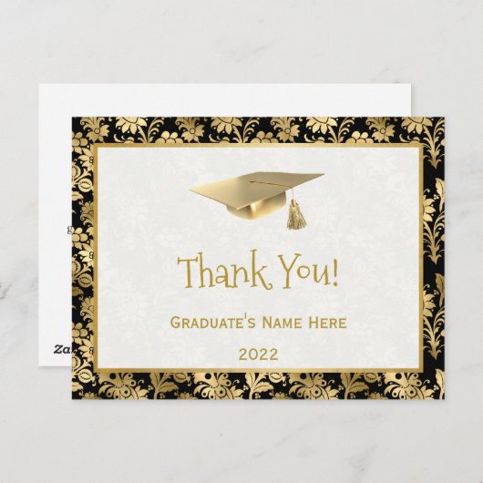 Elegant Gold Black Floral Hartelijk dank Afstudere Briefkaart (Voorkant / Achterkant)