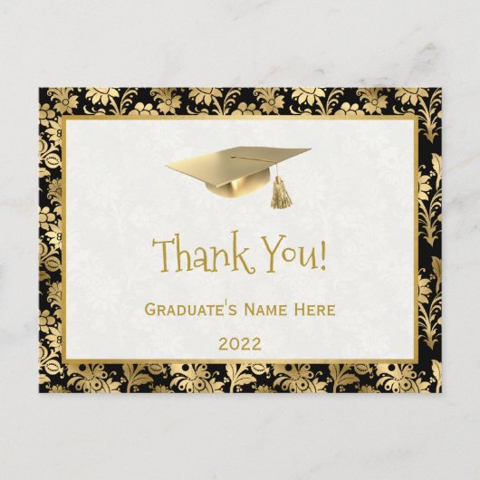 Elegant Gold Black Floral Hartelijk dank Afstudere Briefkaart (Voorkant)