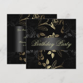 Elegant Gold/Black Flower Design Birthday Uitnodig Kaart (Voorkant / Achterkant)