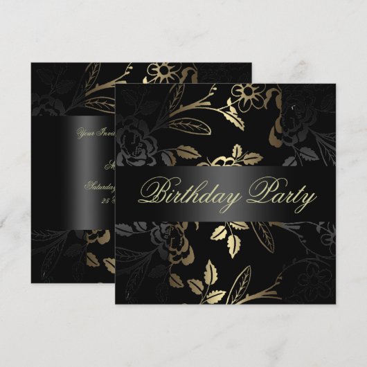 Elegant Gold/Black Flower Design Birthday Uitnodig Kaart (Voorkant / Achterkant)