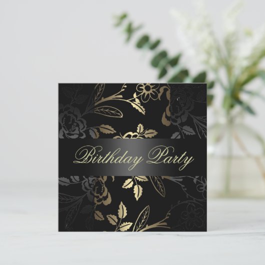 Elegant Gold/Black Flower Design Birthday Uitnodig Kaart (Staand voorkant)