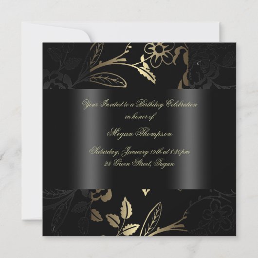 Elegant Gold/Black Flower Design Birthday Uitnodig Kaart (Achterkant)