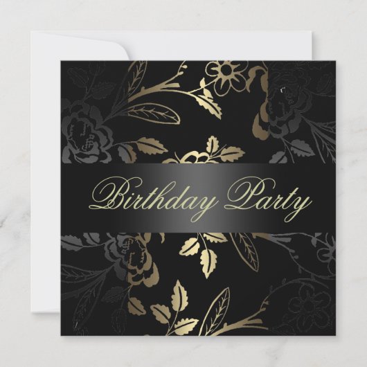 Elegant Gold/Black Flower Design Birthday Uitnodig Kaart (Voorkant)