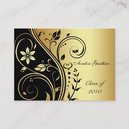 Elegant Gold & Black Flower Scroll Afstuderen Card Contactkaartje (Voorkant)