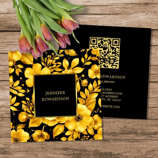 Elegant gold black flowers QR code professional Vierkante Visitekaartje