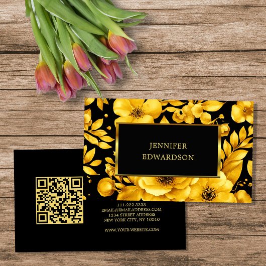 Elegant gold black flowers QR code professional Visitekaartje