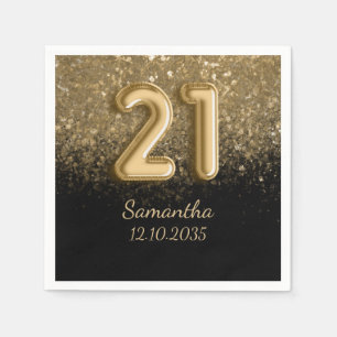 Elegant Gold Black Glitter 21st Birthday Servet