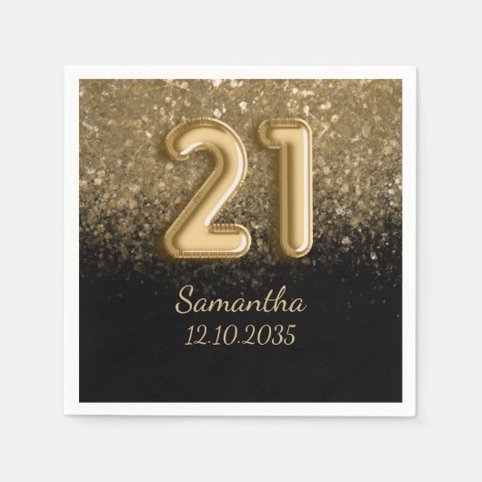 Elegant Gold Black Glitter 21st Birthday Servet (Voorkant)