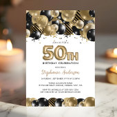 Elegant Gold Black Glitter 50th Birthday Invite Briefkaart