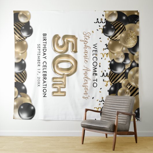 Elegant Gold Black Glitter 50th Birthday Wandkleed (In Situ (horizontaal))