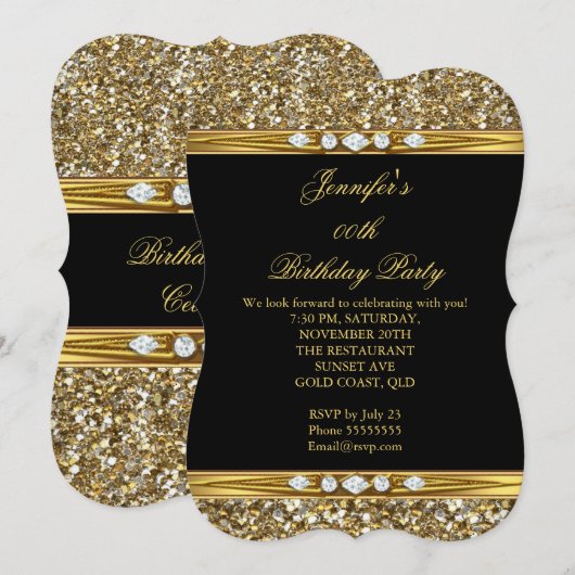 Elegant Gold Black Glitter Diamond Birthday Party Kaart (Voorkant / Achterkant)