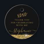 Elegant Gold Black Glitter Hartelijk dank Bedankjes Labels<br><div class="desc">Elegant ronde zwarte partij bevoordeelt labels met gouden glittergrens en verwart stofsproinkles op een zwarte achtergrond met de aangepaste tekst "xoxo dankjewel", perfect voor een moderne en chic verjaardag, bat mitzvah, Quinceañera, vrijgezellenfeest, baby shower, bachelorette party of afstuderen. Geef doopvonten, kleuren en lay-out uit om een pret en uniek het...</div>