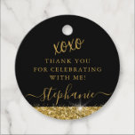 Elegant Gold Black Glitter Hartelijk dank Bedankjes Labels<br><div class="desc">Elegant ronde zwarte partij bevoordeelt labels met gouden glittergrens en verwart stofsproinkles op een zwarte achtergrond met de aangepaste tekst "xoxo dankjewel", perfect voor een moderne en chic verjaardag, bat mitzvah, Quinceañera, vrijgezellenfeest, baby shower, bachelorette party of afstuderen. Geef doopvonten, kleuren en lay-out uit om een pret en uniek het...</div>