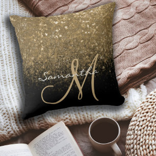 Elegant Gold & Black Glitter Monogram Naam Kussen