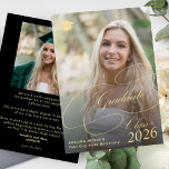 Elegant gold black graduate photo graduation aankondiging<br><div class="desc">Classic faux gold calligraphy script high school college university simple stylish black graduation announcement with 2 custom photos and text template.</div>