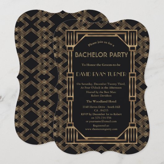 Elegant Gold Black Great Gatsby 20s Bachelor Party Kaart (Voorkant / Achterkant)