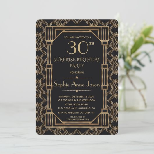 Elegant Gold Black Great Gatsby Birthday Party Kaart (Staand voorkant)