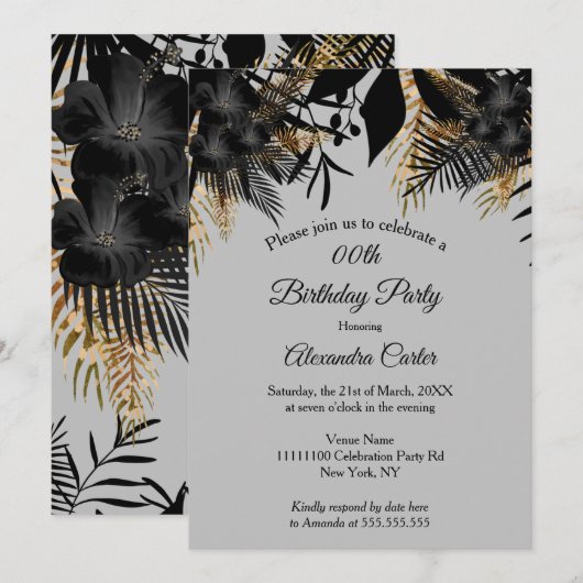 Elegant Gold Black Grey Floral Birthday Party Kaart (Voorkant / Achterkant)