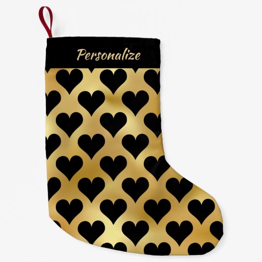 Elegant Gold Black Hearts Personalized Kleine Kerstsok (Voorkant)